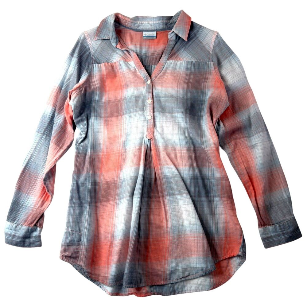 columbia women's large plaid tunic shirt bundle of 2 half button blue & coral - Picture 2 of 11